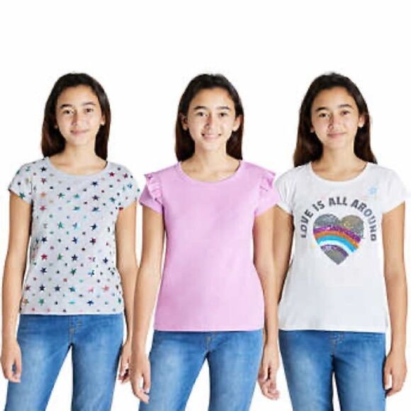 NEW! Vigoss Youth Girls 3-pack Tee Set, Hearts, Ruffles, Flip sequins - Sizes Sm - Picture 8 of 8